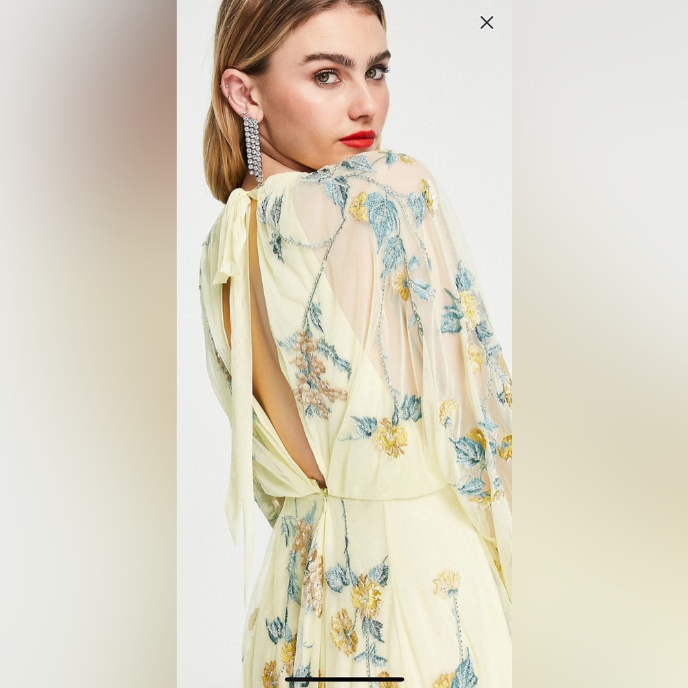 floral embroidered mesh midi dress with blouson sleeves in lemon